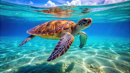 Fototapeta premium Sea turtle swimming gracefully in crystal clear ocean waters, marine life, ocean, wildlife, conservation