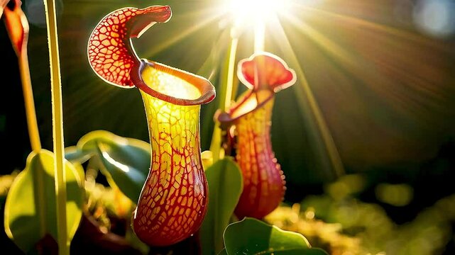 a pitcher plant  with  the sun  shining through it