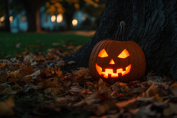 Halloween, a scary pumpkin lit up in the yard on a late fall evening, with a large tree and house with lights in the background