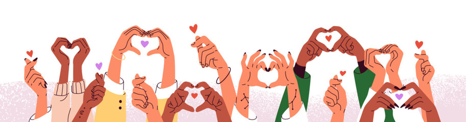 Hands holding hearts, charity and donation banner. Diverse volunteers together for support, aid, hep, solidarity. International Humanitarian Day. Flat vector illustration isolated on white background