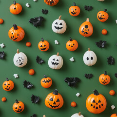 Fototapeta premium Halloween decor with bats and pumpkins on orange-green background