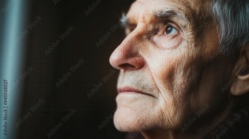Poster An elderly man contemplates life, staring into the distance with a thoughtful expression, illuminated by soft morning light through his window. Generative AI