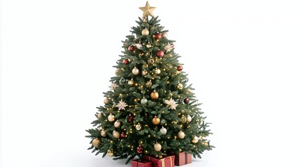 Fototapeta premium A decorated Christmas tree with ornaments and presents underneath.