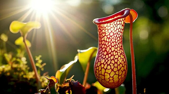 a pitcher plant  with  the sun  shining through it