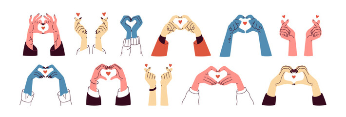 Heart-shaped gestures set, hands with love symbols, showing signs of care, support. Solidarity, charity, trust and appreciation concept. Flat graphic vector illustration isolated on white background