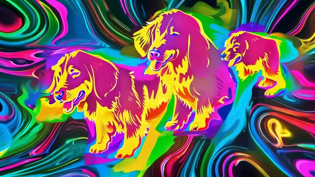 Energetic golden retrievers playing in a colorful setting during a sunny afternoon