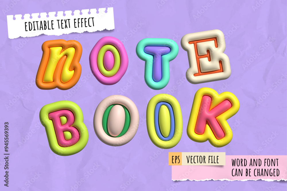 Poster note book pop retro style inflated text effect. cute 3d inflated text style