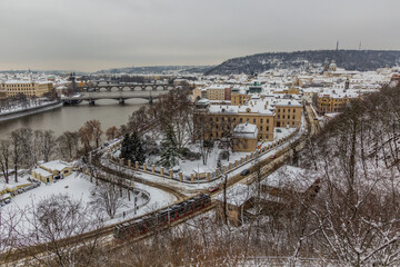 Winter aerial view of Mala strana (Lesser quartier) in Prague, Czech Republic