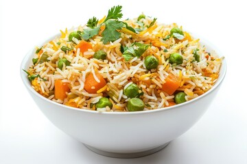 A bowl of colorful vegetable rice with herbs, perfect for a nutritious meal.