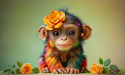 Adorable Monkey with Orange Glasses and Flower