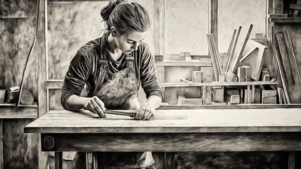 Black and white illustration of a young female carpenter sanding a plank of wood in her workshop