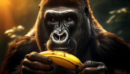 Portrait of a large silverback gorilla or mountain gorilla while eating a yellow ripe banana and looking at camera in the jungle. Generative Ai.