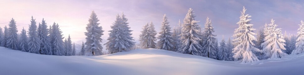 Fototapeta premium aesthetic photo of pine trees covered in snow, a pale pink sky, a panoramic view