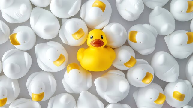 A yellow rubber ducky stands out from a group of white rubber duckies.