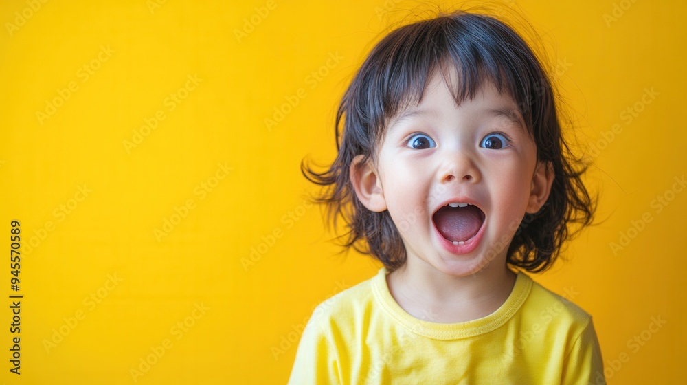 Poster a young child with curly hair is joyfully smiling and displaying excitement while wearing a yellow s
