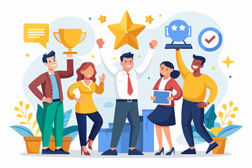 Team achievement, high quality employees, teamwork to help success together, best quality service reward, high performance staffs concept, business people celebrate high quality badge achievement. 
