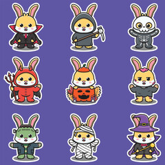 Illustration elements of group of Rabbit in halloween costumes. Halloween funny Rabbit . Stickers, illustration, banner, elements set