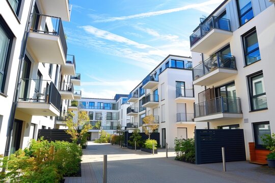 A row of apartment buildings with private balconies, great for urban or cityscape images