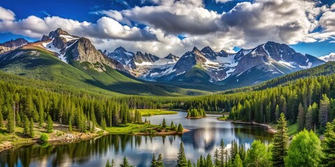 Snow-capped peaks touch the sky, surrounded by lush green forests and sparkling alpine lakes, in this breathtaking scenic landscape of Rocky Mountain National Park.