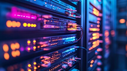 Modern Data Center with Glowing Servers and High-Tech Equipment in a Blue and Orange Ambient Light Setting