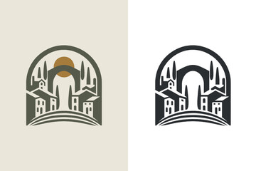 Beautiful Italian countryside landscape logo, emblem, print, sticker. Modern vector illustration, cut out