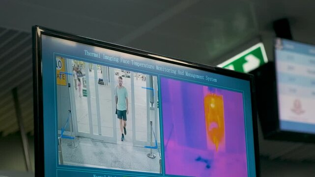 Screen displaying thermal imaging face temperature monitoring and management system at an airport showing passenger used for public health and safety in an airport. Technology in public health