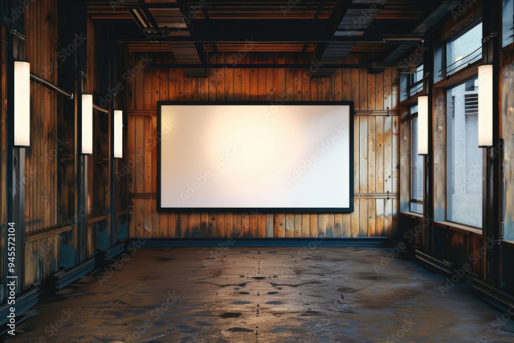 Poster a minimalist interior space with a large projector screen on the wall, ideal for presentations or ex