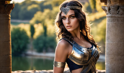 A woman wearing a metal breastplate and a headband stands near an ancient column