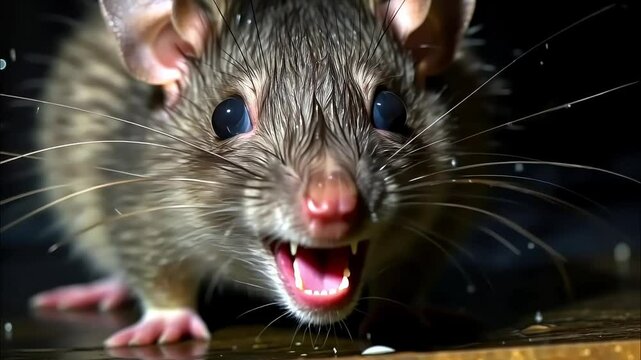Close-up of a wet rat showing its teeth with a dark background

