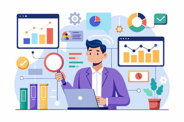 Analysis report research result, chart and diagram dashboard, financial graph statistics, analyze data, SEO or optimization concept, businessman with magnifying glass analyze research chart and graph.