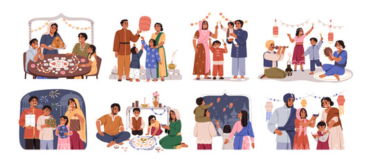 Diwali celebration set. Indian family with festive lights, decorations. Happy mom, dad, kids celebrate Deepavali in India together, Hindu holiday. Flat vector illustration isolated on white background