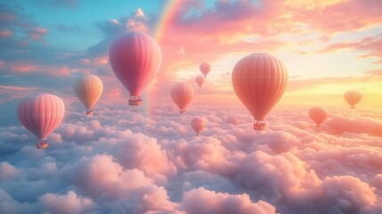 Fototapeta premium whimsical 3d illustration of pastel hot air balloons floating among fluffy clouds in a dreamy sky with a vibrant rainbow arching across the scene