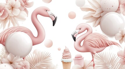 Obraz premium Charming pink flamingos surrounded by soft flowers and delightful ice cream cones, perfect for a summer-themed design.