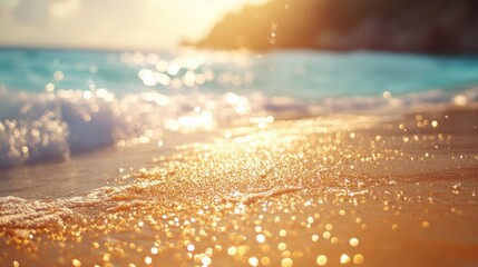 Obraz premium Golden Sunlit Beach with Sparkling Waves and Soft Sand at Sunset