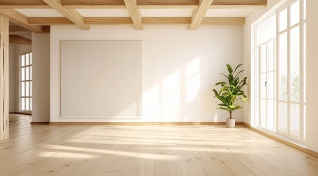 Une grande pi&egrave;ce vide lumineuse avec mur blanc, poutres en bois au plafond et sol en parquet clair, plante verte en d&eacute;coration.