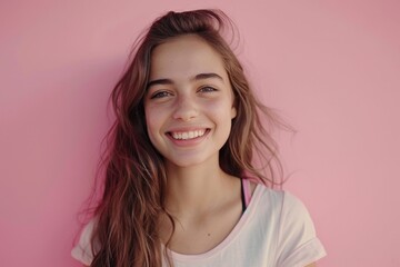 Fototapeta premium Portrait of a happy young woman with long brown hair and a bright smile