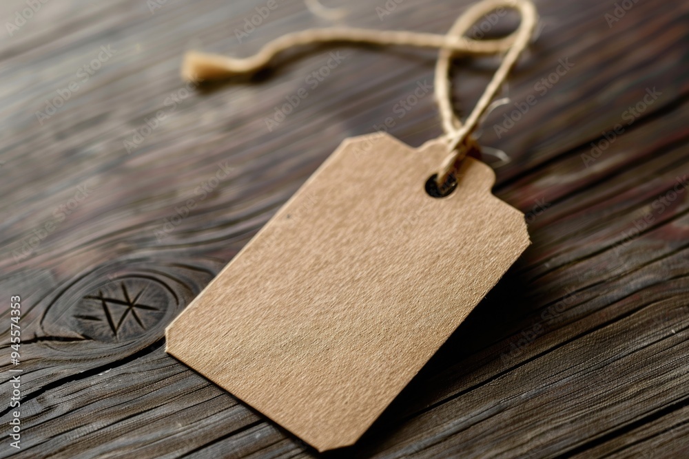 Poster a simple wooden table with a brown tag attached to it
