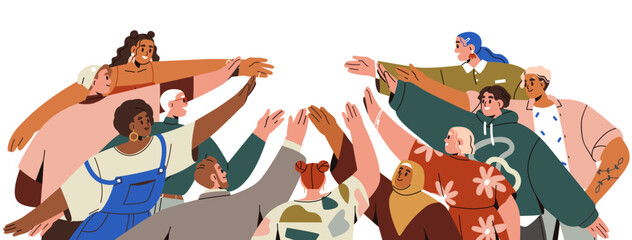 Team, community hands reaching together for support and unity. Diverse multicultural group, people society bonding in solidarity and cooperation. Flat vector illustration isolated on white background