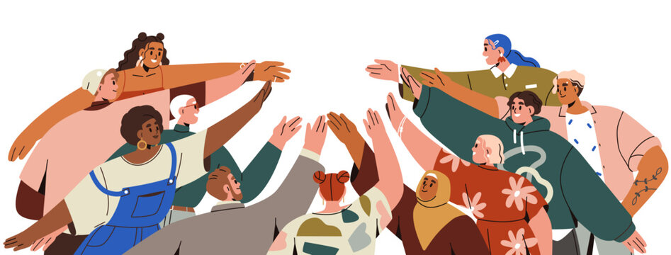 Team, community hands reaching together for support and unity. Diverse multicultural group, people society bonding in solidarity and cooperation. Flat vector illustration isolated on white background