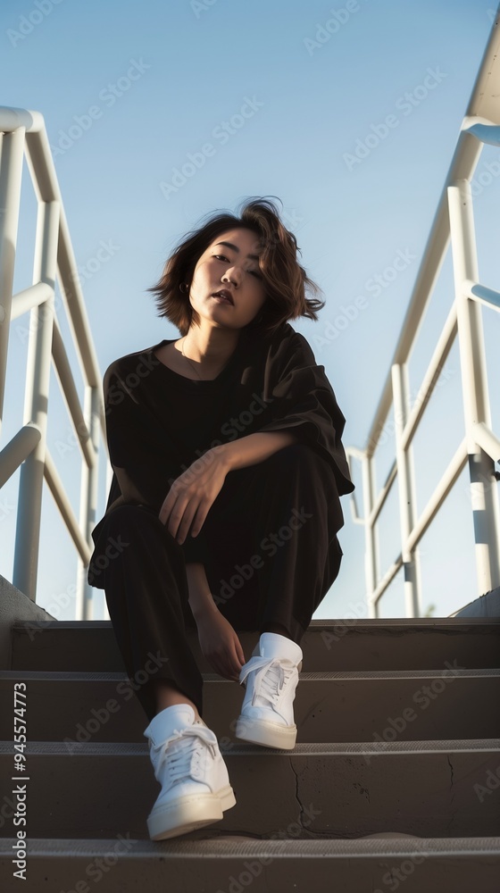 Wall mural thoughtful asian woman sitting on architectural stairs in urban city setting