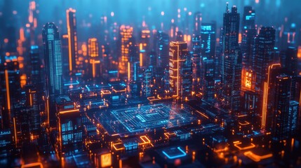 Futuristic Cyberpunk Cityscape with Neon Lights and High-Tech Skyscrapers at Night