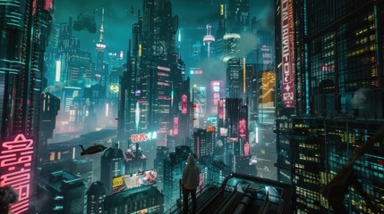 A cityscape with neon lights and a person standing on a rooftop