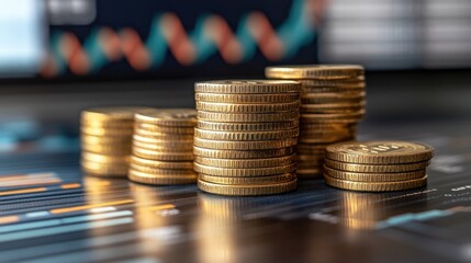 Stacks of Gold Coins on Financial Graph Background Representing Investment and Economic Growth