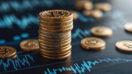 Stacked Bitcoin Coins on Financial Chart Background Representing Cryptocurrency Market Trends and Investment