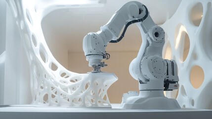 Autonomous robot performing a 3D printing task, creating complex structures