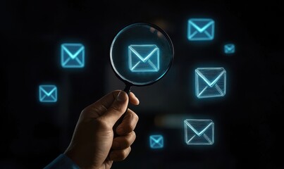 Hand holding glowing digital email icons in a technology concept.