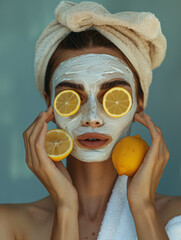 Woman with Face Mask Holding Lemon Slice Beauty and Skincare Concept