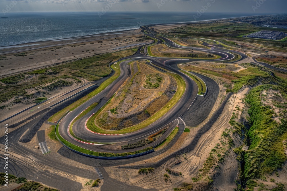 Poster Aerial view of a race track near the ocean, suitable for sports or travel themes