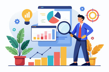Analysis report research result, chart and diagram dashboard, financial graph statistics, analyze data, SEO or optimization concept, businessman with magnifying glass analyze research chart and graph.
