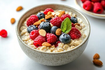 A bowl of oatmeal topped with berries, almonds, and mint, showcasing a healthy breakfast option.